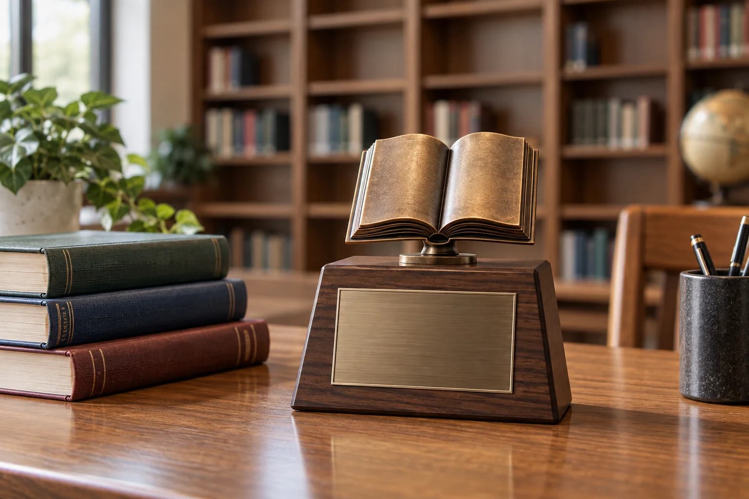 Book-themed academic award with a blank inscription plate in a school library