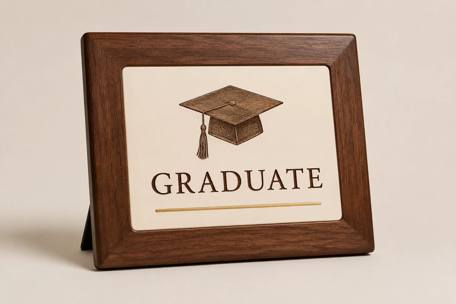 Walnut graduation plaque with an ivory mortarboard inset.