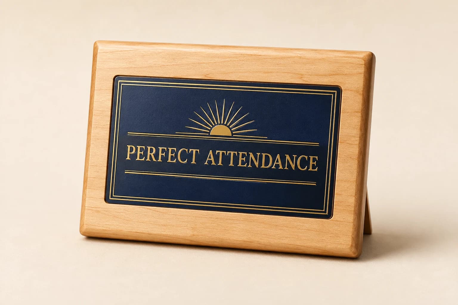 Maple attendance plaque with a navy plate and rising-sun engraving.