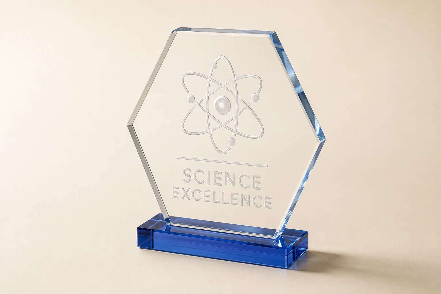 Hexagonal clear science award with an atomic motif and blue base.