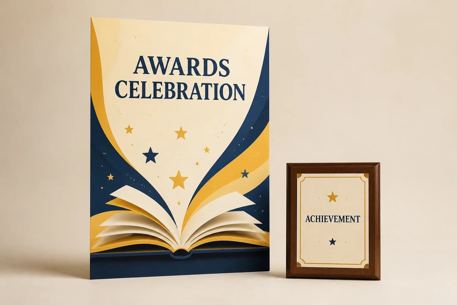 School awards celebration poster with a matching achievement plaque.