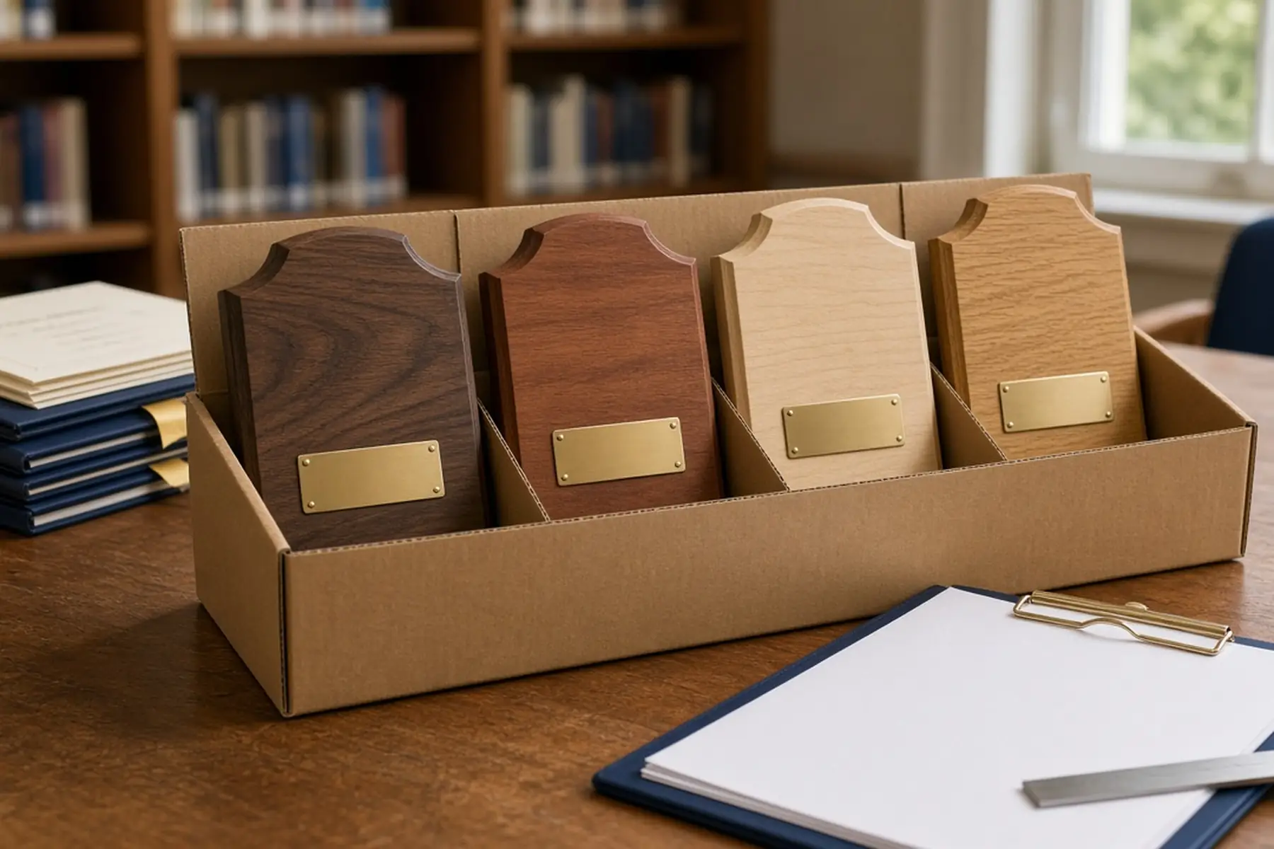 Coordinated order concept: matching Honor Roll & Principal's Award Plaque pieces grouped and separated for packing