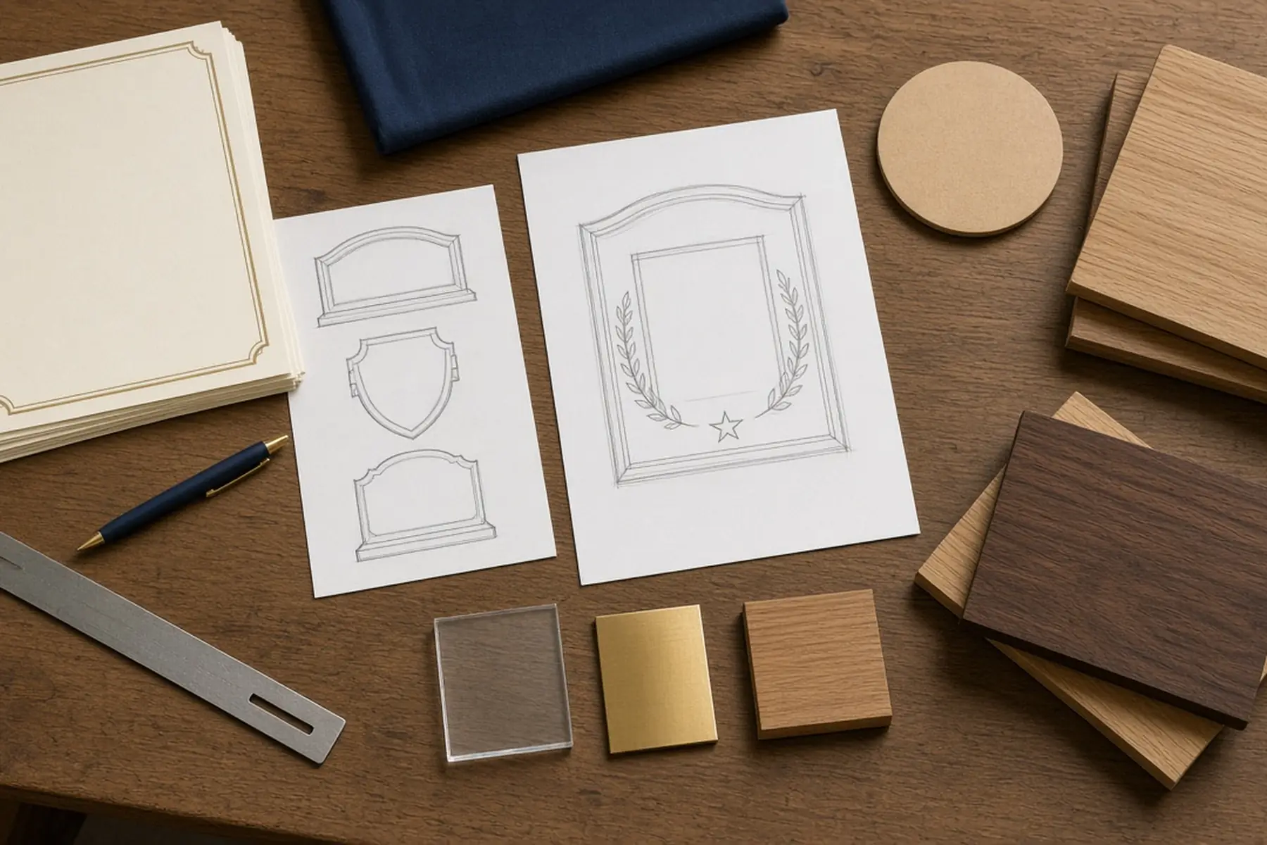 Design planning concept for a Student Achievement Award: sketches, material swatches and a blank sample shape