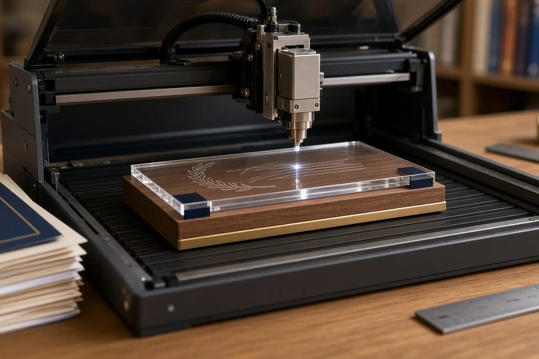 Engraving concept: a blank plate for a Student Achievement Award inside an enclosed marking machine