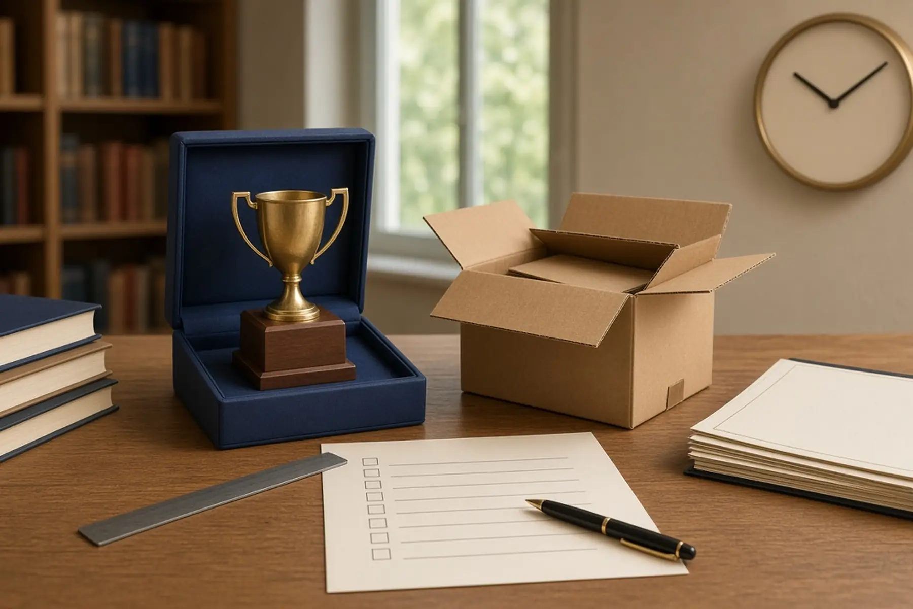 Rush planning concept: a Academic Achievement Trophy, carton and checklist arranged around an arrival date